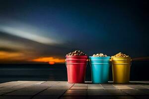 three buckets of popcorn on a table with sunset in the background. AI-Generated photo