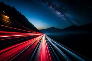 a long exposure photograph of a highway at night with a milky in the background. AI-Generated photo