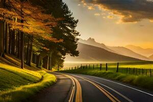 a scenic road in the mountains with trees and grass. AI-Generated photo