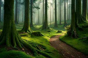 a path through a green forest with trees. AI-Generated photo