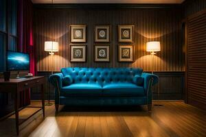 a blue leather couch in a room with wood paneling. AI-Generated photo