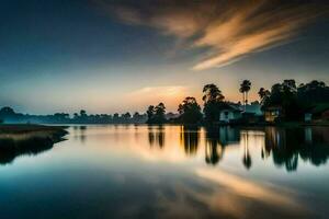 un lago a puesta de sol con casas y arboles generado por ai foto