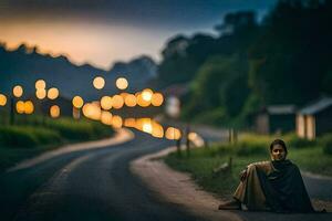 a woman sitting on the side of a road at dusk. AI-Generated photo