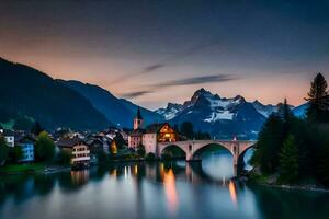 a bridge over a river in the mountains at dusk. AI-Generated photo