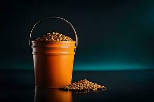 a bucket filled with yellow seeds on a dark background. AI-Generated photo