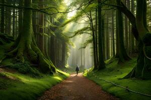 a person walking down a path in the middle of a forest. AI-Generated photo