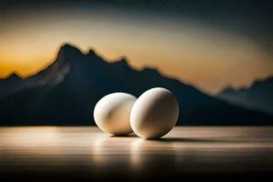 two eggs on a table with mountains in the background. AI-Generated photo