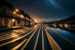 a long exposure photo of a long line of houses on a lake. AI-Generated
