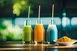 three different colored smoothies in glass bottles on a table. AI-Generated photo