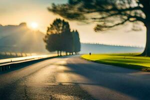 a road with a tree in the foreground and the sun setting. AI-Generated photo