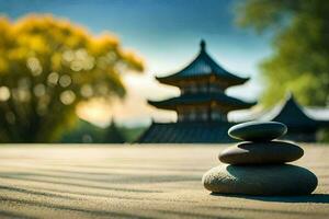 un apilar de piedras en frente de un pagoda. generado por ai foto