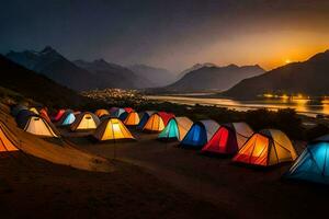 carpas en el montañas a noche. generado por ai foto