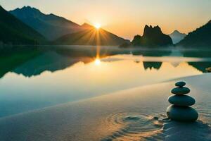 a stack of stones sits on the shore of a lake at sunset. AI-Generated photo