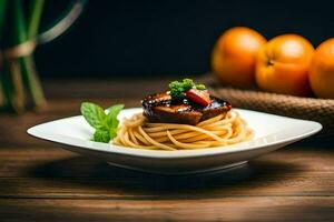 spaghetti with meat and vegetables on a plate. AI-Generated photo