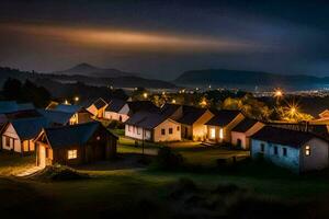 a night time view of houses in the mountains. AI-Generated photo