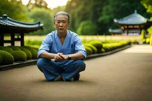 an asian man sitting on the ground in front of a pagoda. AI-Generated photo