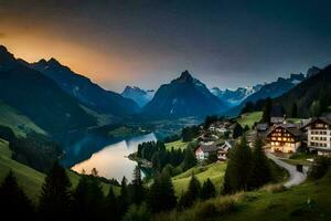 foto fondo de pantalla montañas, lago, casa, el sol, el montañas, el lago, el casa. generado por ai