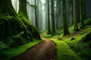 a path through a forest with mossy trees. AI-Generated photo