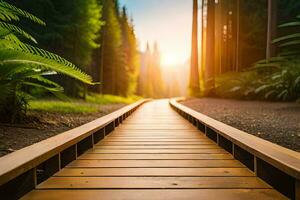 a wooden path in the forest with the sun shining. AI-Generated photo