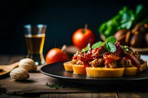 un plato de comida con carne y vegetales en él. generado por ai foto