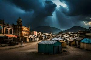 un oscuro Tormentoso cielo terminado un pueblo con chozas y un hombre caminando mediante él. generado por ai foto