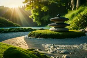 a zen garden with stones and grass. AI-Generated photo