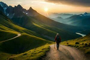 un persona caminando en un camino en el montañas. generado por ai foto