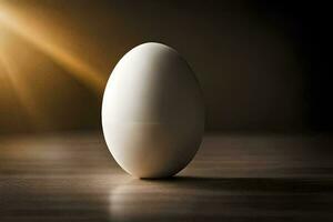 an egg on a table with a bright light behind it. AI-Generated photo