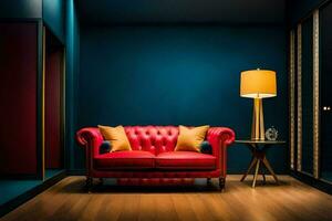 a red couch in a room with blue walls. AI-Generated photo