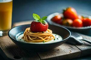 spaghetti with a strawberry and a glass of milk. AI-Generated photo