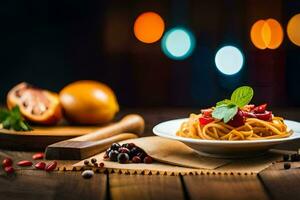 spaghetti with tomato sauce and fresh basil on a wooden table. AI-Generated photo