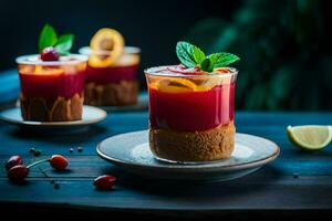 cherry and lemon dessert in glasses on a dark table. AI-Generated photo