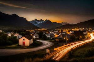 un largo exposición foto de un pueblo a noche con montañas en el antecedentes. generado por ai