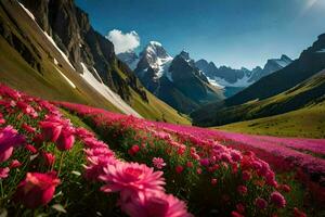 el flores en el prado son rosado y el montañas son en el antecedentes. generado por ai foto