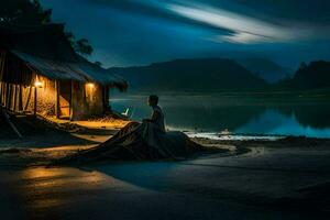 a woman sits on the ground near a lake at night. AI-Generated photo