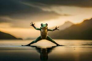 a frog is standing on its hind legs in the water. AI-Generated photo