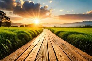 wooden path in the sunset. AI-Generated photo