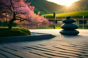 a zen garden with stones and a cherry tree. AI-Generated photo