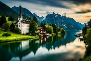 un hermosa lago y un Iglesia en el montañas. generado por ai foto