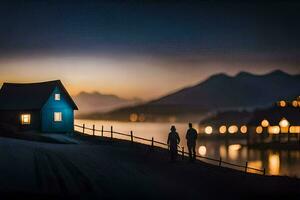 two people walk by a blue house at night. AI-Generated photo