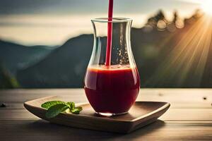 a glass of juice with a straw on a wooden table. AI-Generated photo