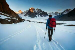 un hombre con un mochila caminando mediante el nieve. generado por ai foto