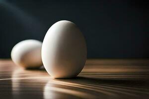 two eggs on a table with a light behind them. AI-Generated photo