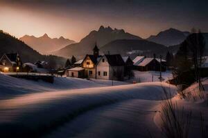 un pueblo en el nieve a puesta de sol. generado por ai foto