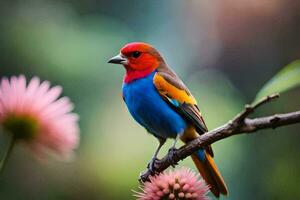 a colorful bird sits on a branch with pink flowers. AI-Generated photo