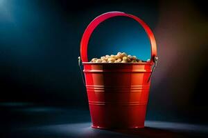 a red bucket filled with peanuts on a dark background. AI-Generated photo