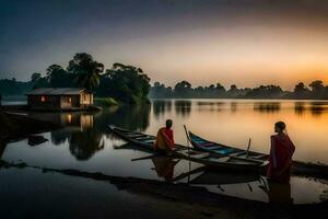 two people in boats on the water at sunset. AI-Generated photo