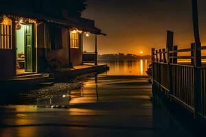 a house on the water at night with a boat in the background. AI-Generated photo