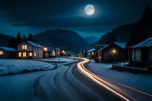 a long exposure photo of a snowy road at night. AI-Generated