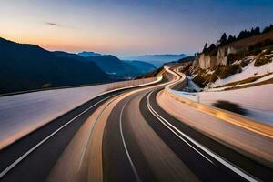 un largo exposición fotografía de un autopista a puesta de sol. generado por ai foto